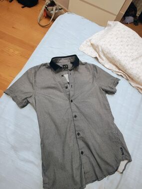Armani Exchange Black and White Micro-Check Short-Sleeve Button Shirt